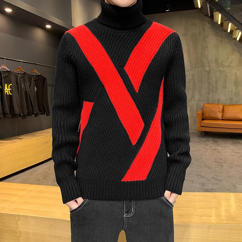 

Winter Men Stripe Warm Knitted Sweater 2020 New Fashion Casual Turtleneck Patchwork Pullovers Male Retro Loose Jumpers Tops, Black