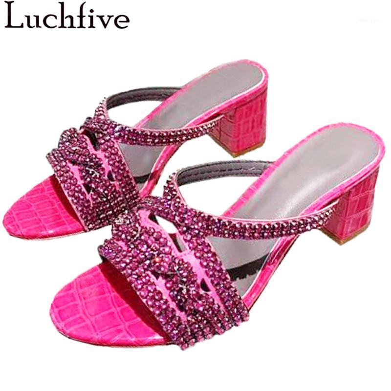 

Crystal Chain Chunky Heel Slippers Woman Rose red gold Rhinestones Open Toe Mid heels mules Summer Dress Party Shoes1, Green