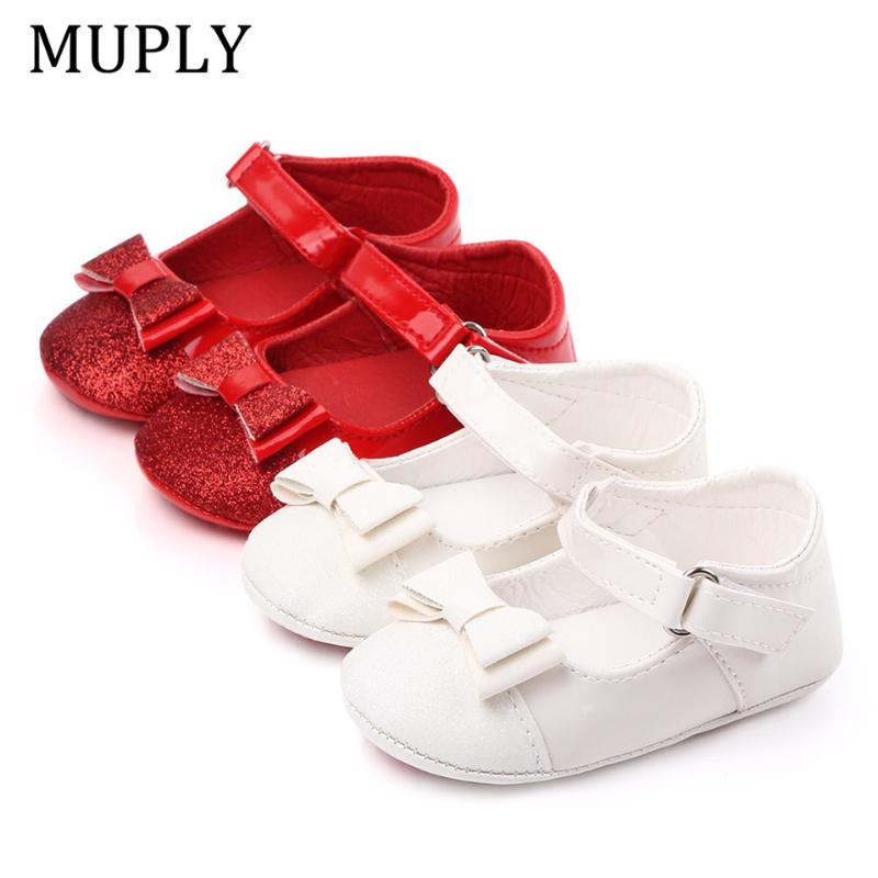 

Newborn Infant Baby Girls Lovely Causal Shoes Crib Shoes PU Leather Bow Rubber Hard Sole Baby -18M, White