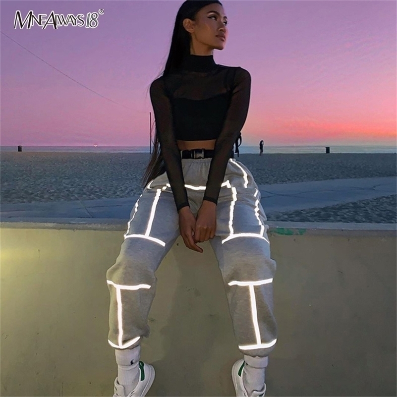 

Mnealways18 Reflective Stripe Pants Women Streetwear Belt Knitted Female Casual Joggers Sweatpants Loose Pencil Pants Winter 201228, Gray