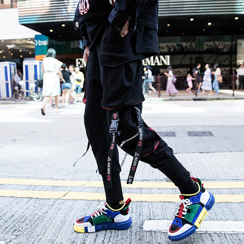 

2020 Men Ribbons Pockets Harem Pants Men Spring Autumn Casual Sweatpants Hip Hop Joggers Streetwear Hombre Trousers, Black