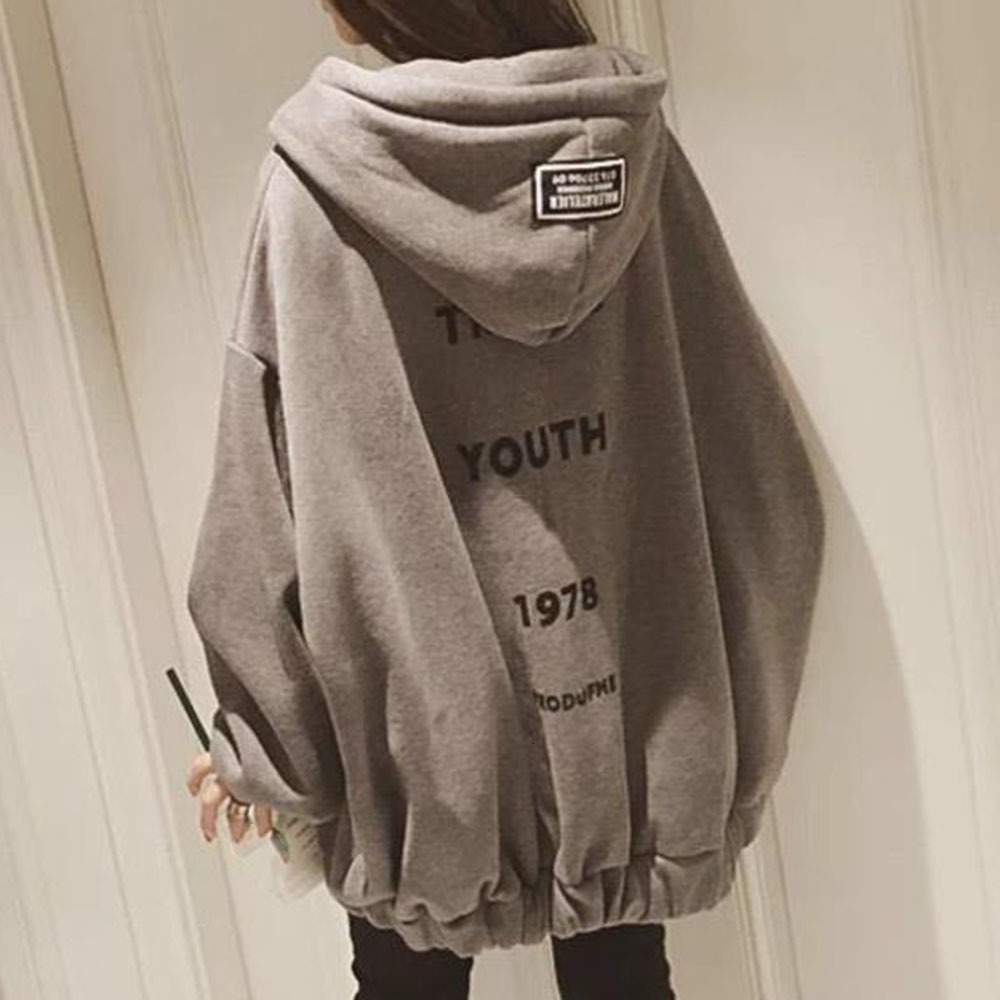 

2021 Hoodie New Autumn Winter Sweater Women Velvet Thick Korean Version Loose Zipper Mid-length Style Cardigan 25CY, Black