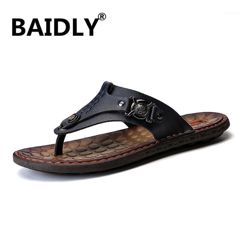 

Mens Flip Flops Leather Men Summer Slippers Flat Beach Sandals Male Outdoor Sneakers Sandalia Masculina1, Brown