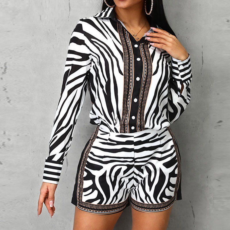 Zebra Print Buttoned Shirts Zipper Short Sets Women's Two Pieces Set Wide Leg Shorts Long Sleeve Blouse Summer Autumn Suits 201119Z