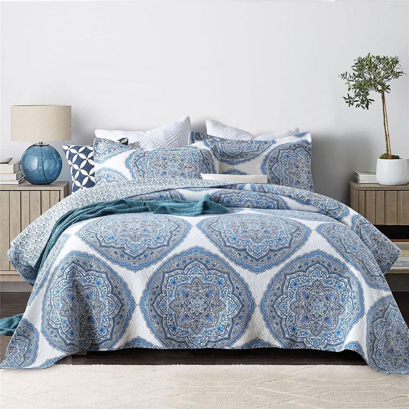 

CHAUSUB Print Bedspreads Cotton Quilt Set 3PCS Blue Bed Cover With 2 Pillowcase Queen Size Blanket Summer Coverlet