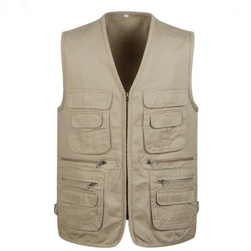 

Men's Vests Wholesale- Men Denim Sleeveless Jacket Vest Red/Black Shooting With Many Pocket Size L-4XL1, Beige
