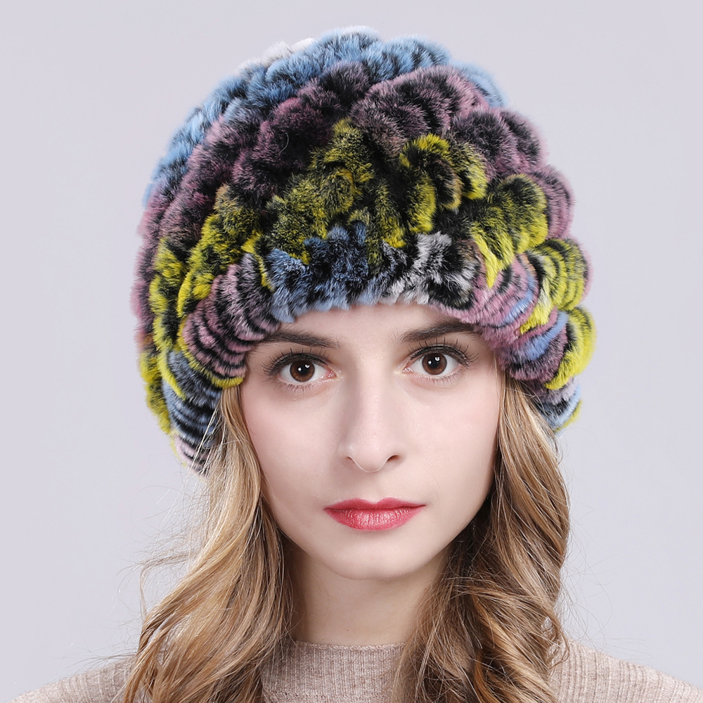 

2020 Winter outdoors good elastic royal female natural mesh rex rabbit skin skullies warm hat real soft beanies hats, Gray and white