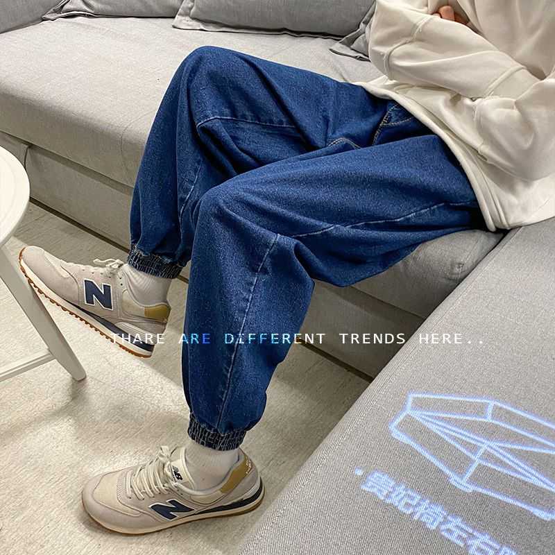

Men's jeans 2021 spring winter new solid color elastic waist loose casual sports pants trousers youth fashion men personality, Black
