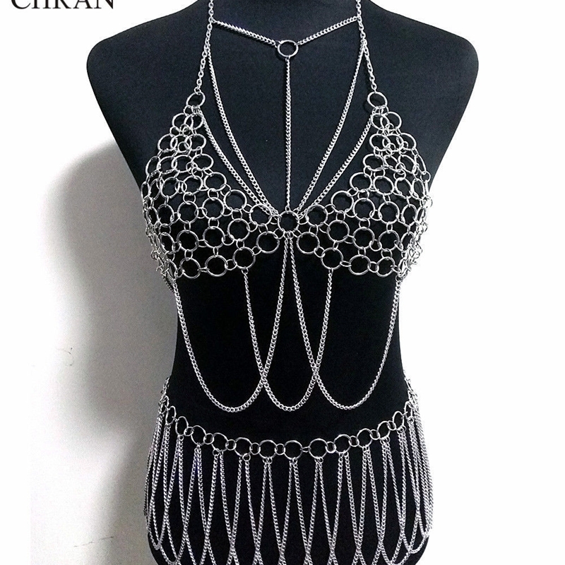 

Chran Silver Gold Sexy Women Harness Full Beach Party Chain Belly Waist Fashion Costume Chain Bra Bikini Wear Jewelry CRBJ804 T200508