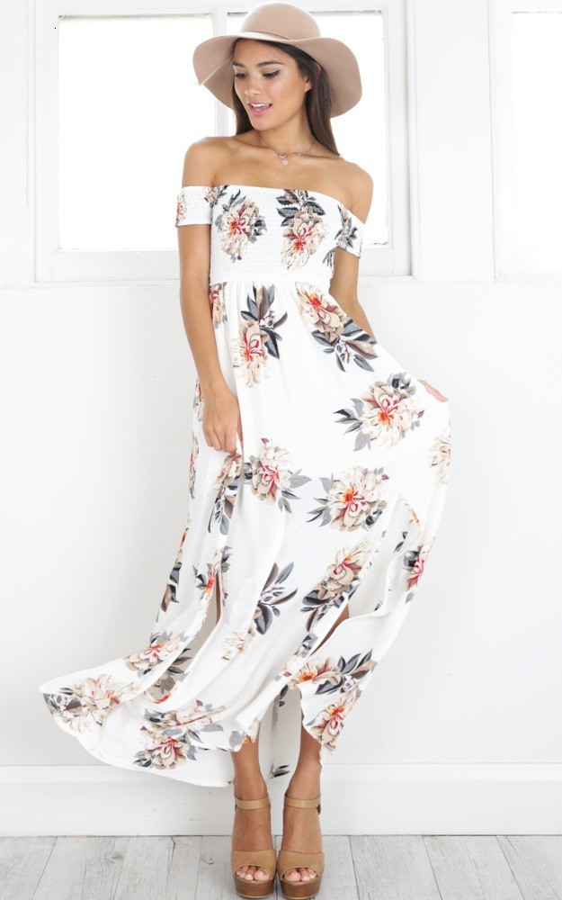 

2021 New Summer Boho Style Chiffon Long Women Off Shoulder Floral Print Vintage White Robe Sexy Split Beach Maxi G89d, Blue