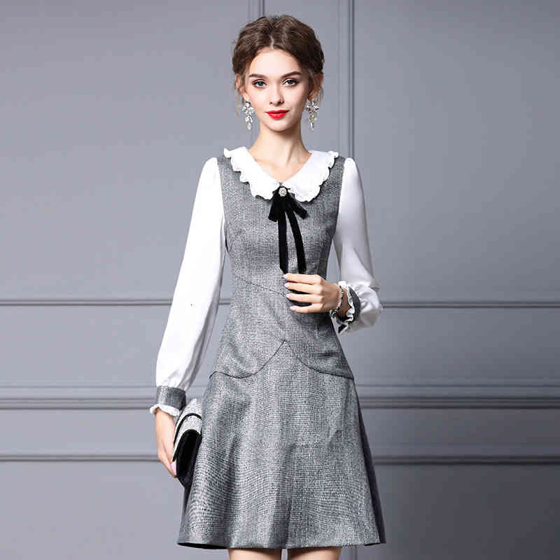 

Casual Dresses Zhili doll neck dress autumn small man aging fabric stitching waist A-shaped skirt BPB3, Pink