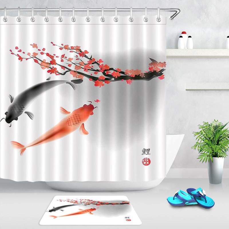 

Traditional Chinese Style Bathroom Curtains Koi Carp Pink Flower Pattern Asian Fish Shower Curtains Waterproof Polyester Fabric