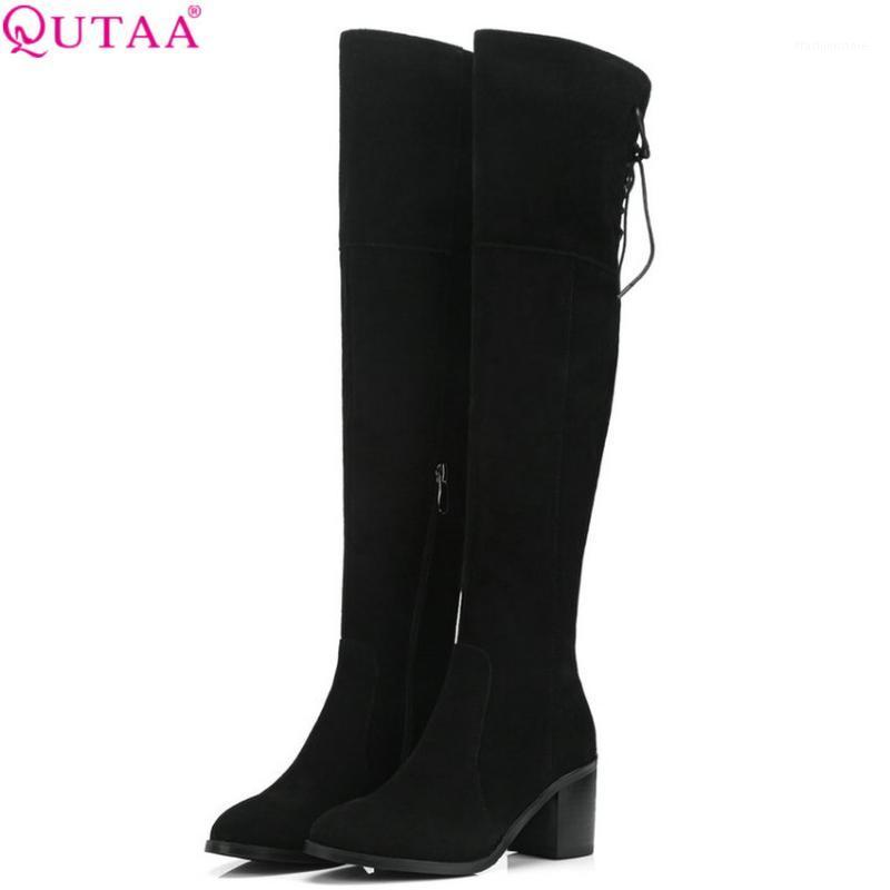 

QUTAA 2020 Women Shoes Cow Suede Over The Knee High Boots Platform Winter Boots Square Heel Fashion Women Big Size 34-391, Black
