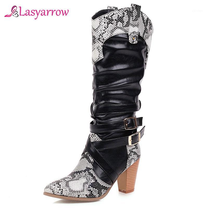 

Lasyarrow 2020 Fashion Western Snake Print Buckle Strap Block High Heels Long Winter Boots Women Black Boots Female Shoes Woman1