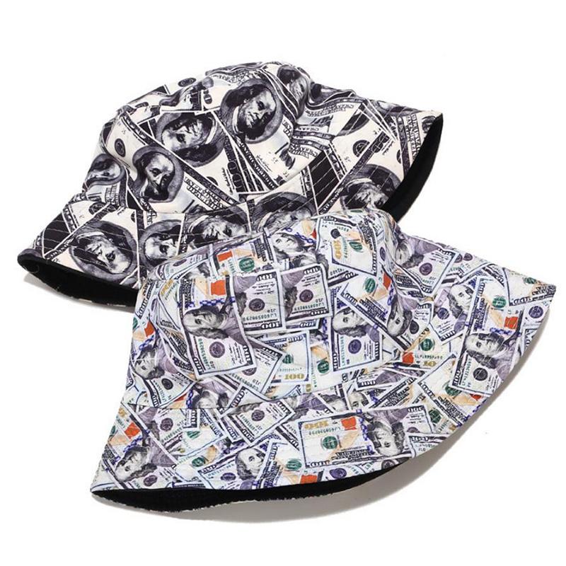 

Wide Brim Hats Cotton Double Sided Creative Dollar Graffiti Bucket Hat Fisherman Outdoor Travel Sun Cap For Women