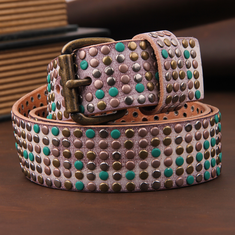 

Genuine leather Punk women's cowgirl metal rivete man's brim rock'n'roll girl's belt reap female cowboy jeans belts mbt0346 Z1TS, Black