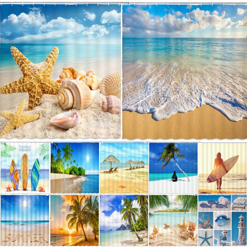 

3d Beach Scenery Shower Curtains Sea Ocean Mediterranean Bathroom Curtain Waterproof Cloth Decoration 180*240cm Bath Curtain