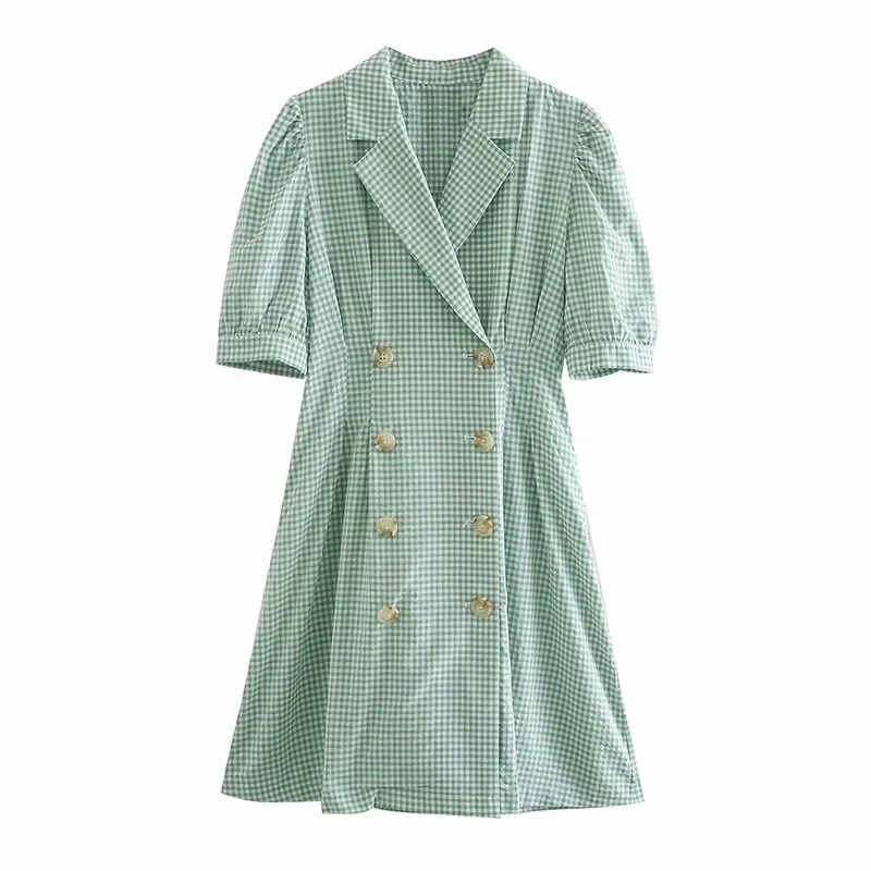

2021 New Vintage Female at Knee Height Summer Green Dress Fashionable Middle Ladies Plaid Loose Girls Dressed JVW4, Army green.