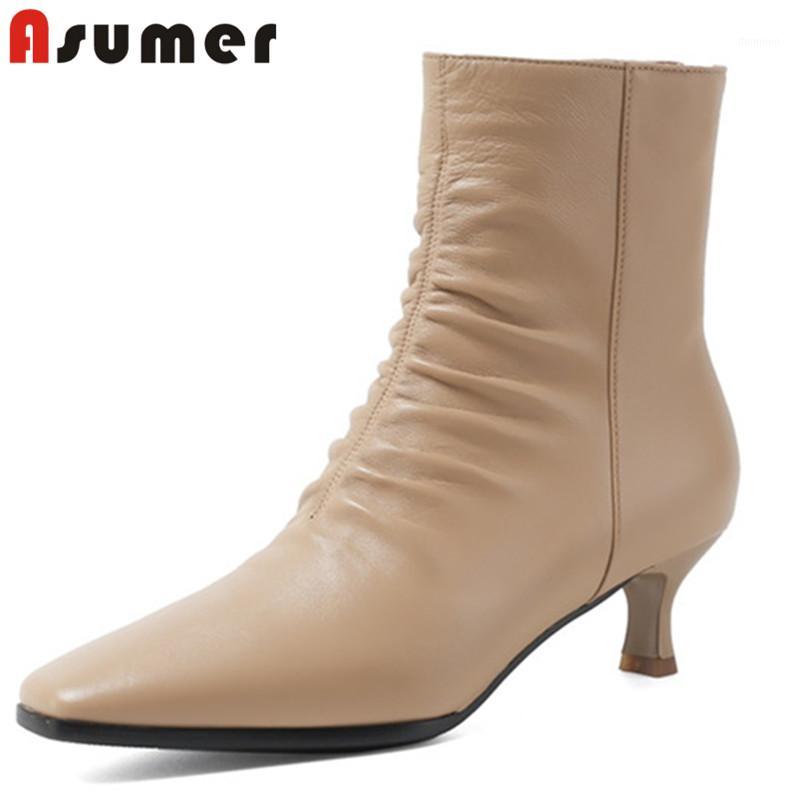 

ASUMER 2020 new arrive genuine leather high heel dress party shoes women ankle boots zip autumn winter pleated ladies boots1, Black