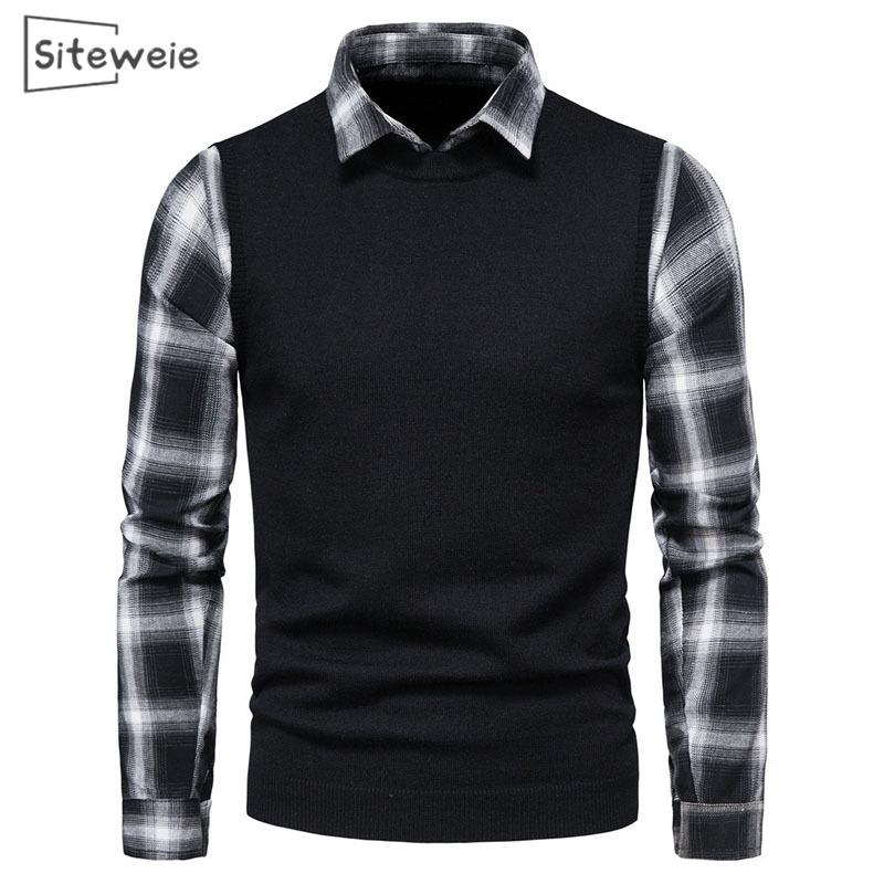 

SITEWEIE Men's Sweater Black and White Plaid Lapel Collared Shirt Fake Two Pieces Long Sleeve Men Basic Knitted Pullovers L576