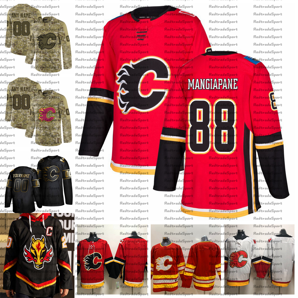 

2021 Reverse Retro Customize #88 Andrew Mangiapane Calgary Flames Jerseys Golden Edition Camo Veterans Day Fights Cancer Hockey Jersey, White