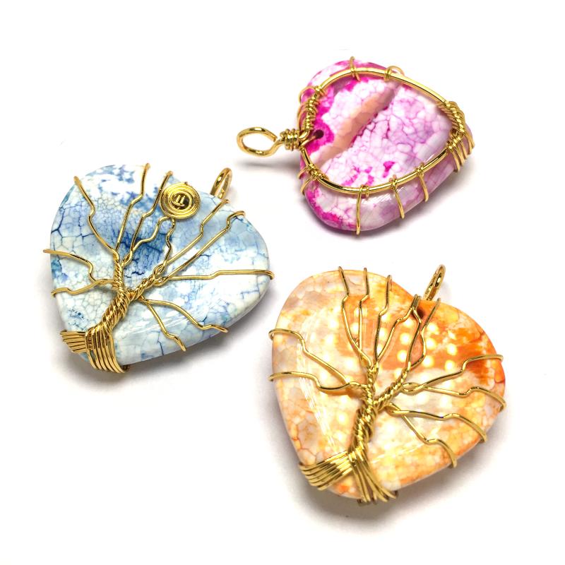 

Natural Stone Agates Heart Shape Necklace Pendants Gold-color Wrap Wire Natural Gem Stone Necklace Pendants