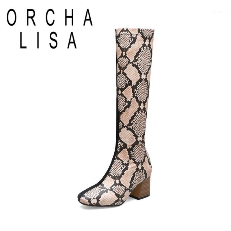 

ORCHA LISA Woman Warm Fur Slim Winter Knee Boots Square Toe Square heel Snake Flock Zipper Large size 32-48 Casual Party C17421, Black