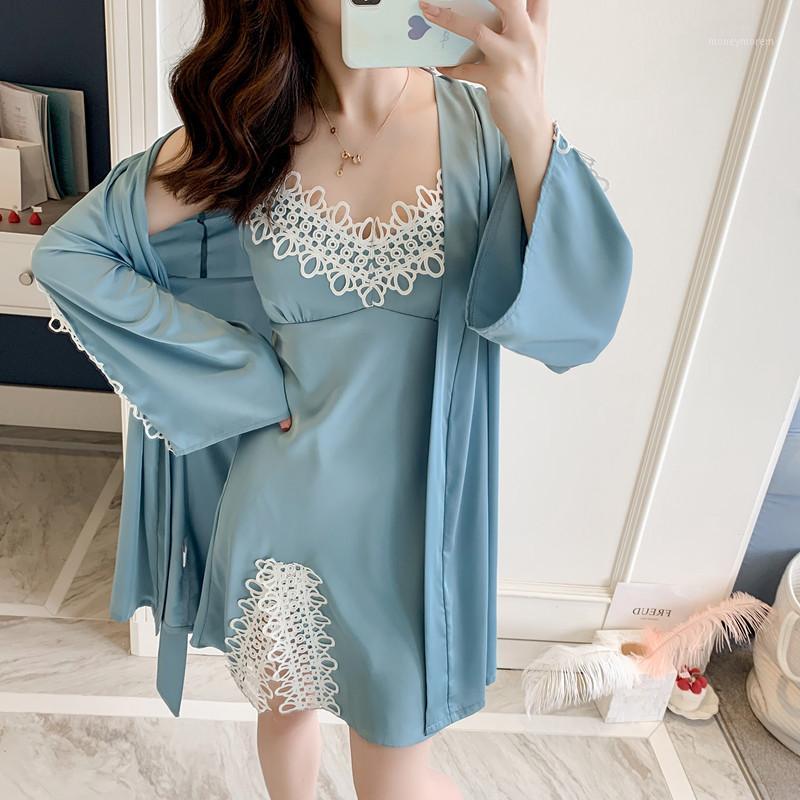 

2PCS Women Kimono Robe Gown Suit Satin Lace Trim Sleepwear Sexy V-Neck Backless Nightdress Summer Bathrobe Home Clothes1, Blue-nightgown