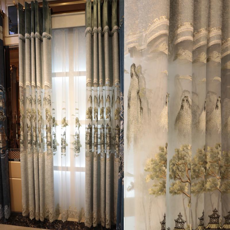 

Chenille Hollow Embroidered Curtains New Chinese Wind Sun Shading and Heat Insulation Curtains for Living Dining Room Bedroom, Tulle 1