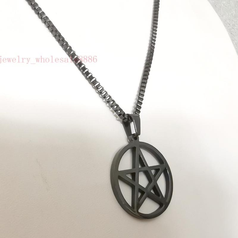 

GNAYY black Stainless Steel Pagan Wicca five-pointed starPentagram Pendant Necklace box Chain 24 ''-32'' choose mens boys women