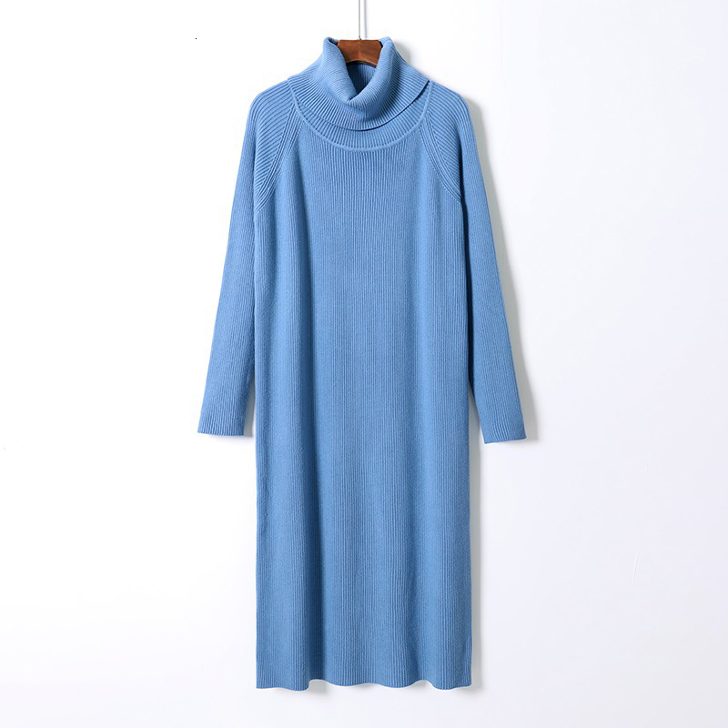 

2021 New Autumn Winter Women Basic Turtleneck Pullover Sweater Top Slim Fit Knitted Long Midi Dress Ribbedvestidos Feminino Q3xg, Blue