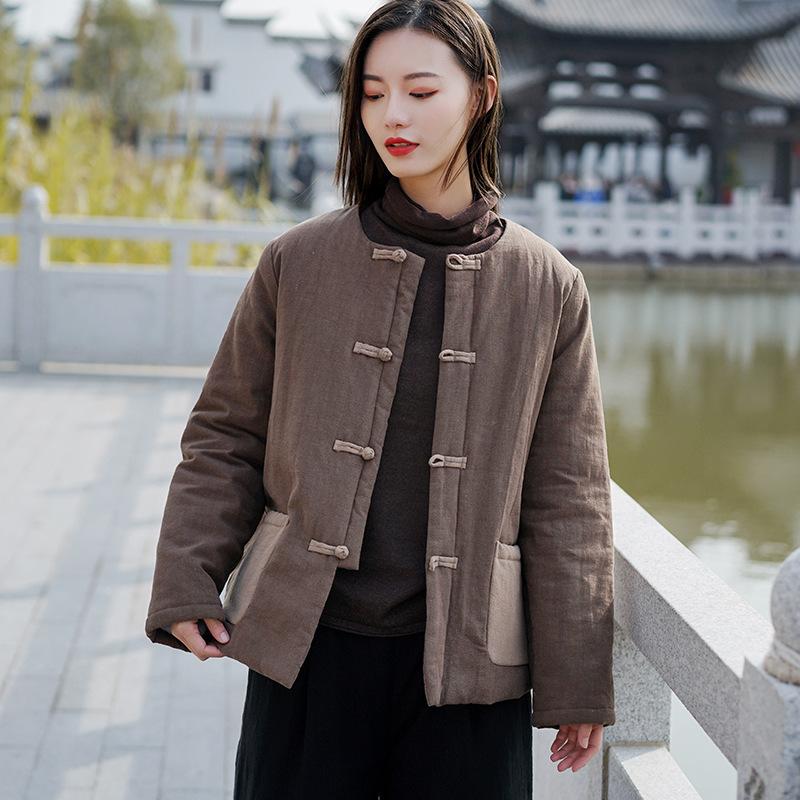 

Johnature Autumn Winter Retro Plate Buckle Patchwork Pocket Thick Warm Cotton Parka 2021 New Leisure All-match Women Fasion Coat, Brown