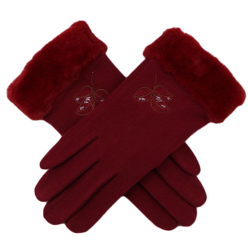 

Women Winter Driving Touch Screen Gloves Leaves Embroidery Plush Lined Mittens J78E