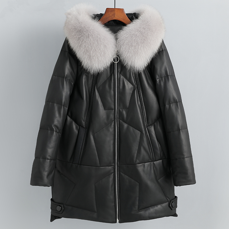 

2021 New High quality women's leather genuine winter down jacket with hoodie collar fox skin 100% coat female warm sheepskin, Black