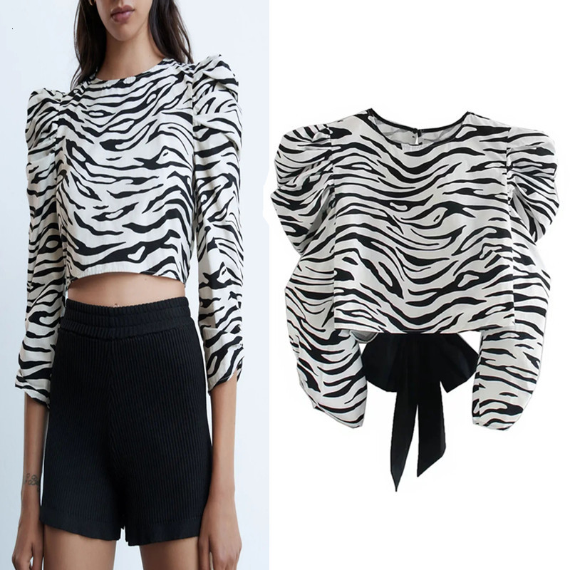 

2021 New Women Vintage O-neck Animal Print Backless Cropped Blouses Ladies Fashion Bow Tied Three Quarter Sleeve Chic Top Jziv