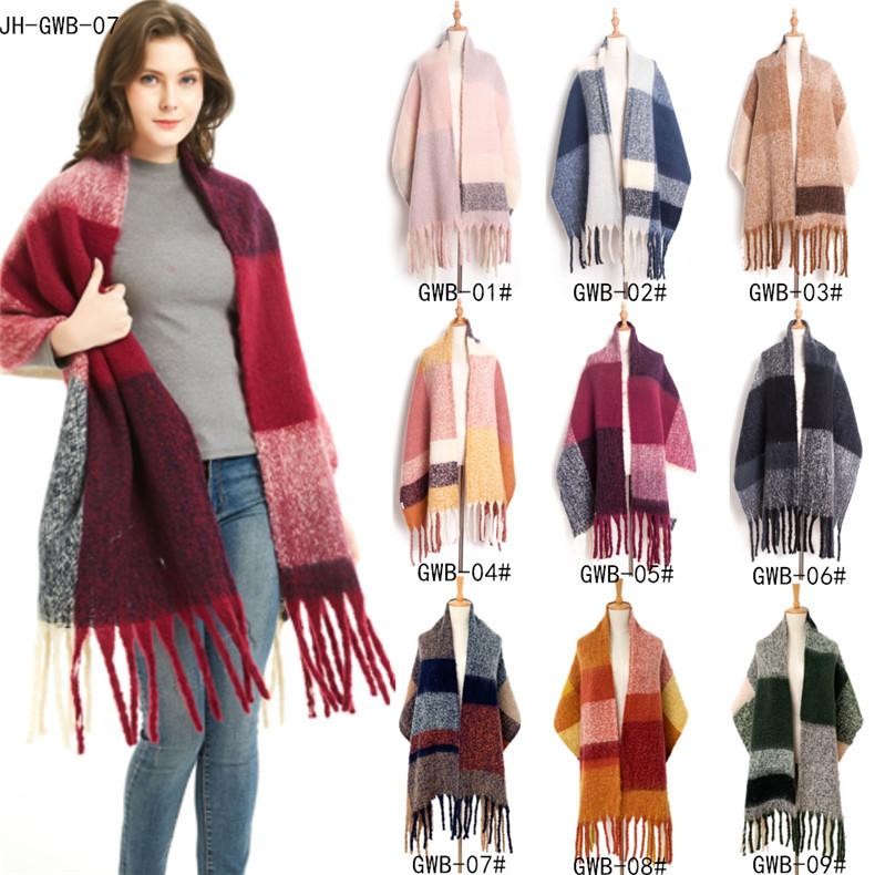

European and American autumn and winter new style circle sand coarse fringed big grid horizontal striped plaid scarf shawl scarf