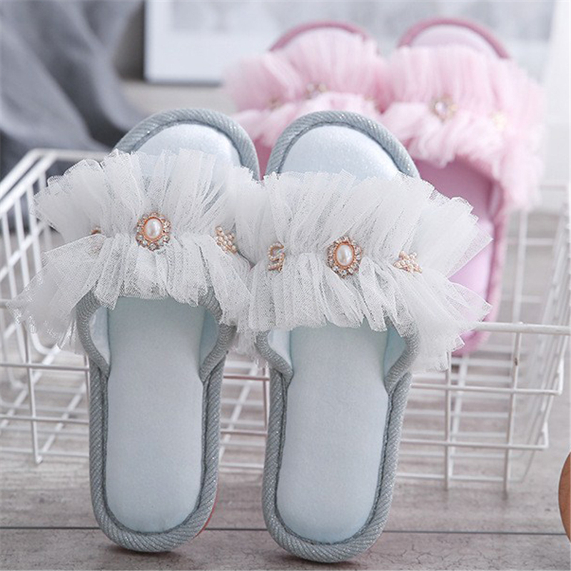 

Flat Woman's Indoor Shoes, Pearl Black Slides, Blue Lace Ladies, Slippers, D0k0