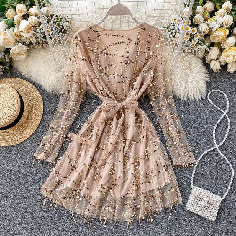 

2021 New Singiny design mesh short feminine lace up to line dresses autumn sexy fashion sequins in party dress 9RQV, Pink