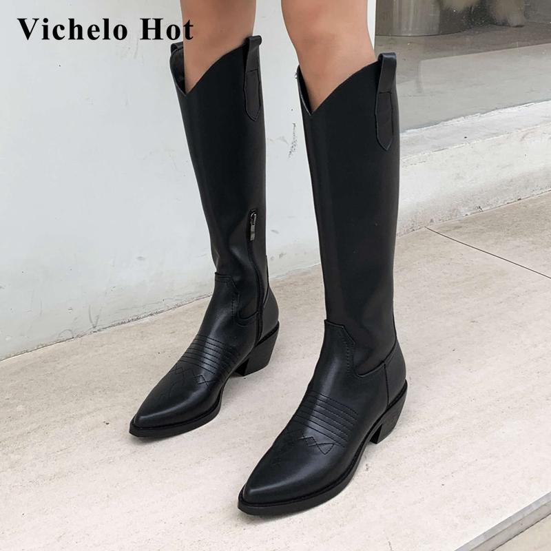 

Vichelo Hot genuine leather pointed toe high heel western boots winter warm handmade young lady daily wear knee-high boots L22, Black short