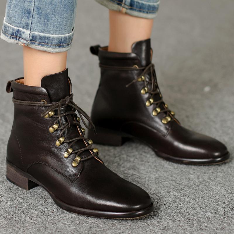 

Women's genuine leather lace-up flats ankle boots rivet punk autumn warm plush boots high quality round toe casual shoes, Black