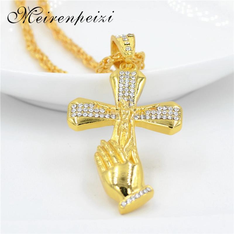 

Hip hop necklace with shining cross pendant ornament palm prayer pendant protection gold color plating