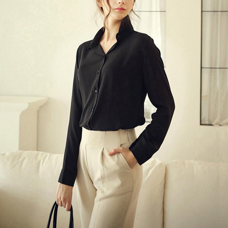 

New Women Long Sleeve Chiffon Blouses Ladies Spring Autumn Solid Casual Turn-down Office Ladies Collar Buttons Shirts -2XL, Black