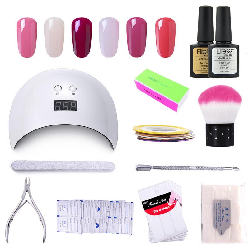 

Elite99 8pcs Gel Nail Kit Professional Set with 24w Lamp Top Base Coat Remove Dead Skin Nail Brush Art Manicure Tools Set