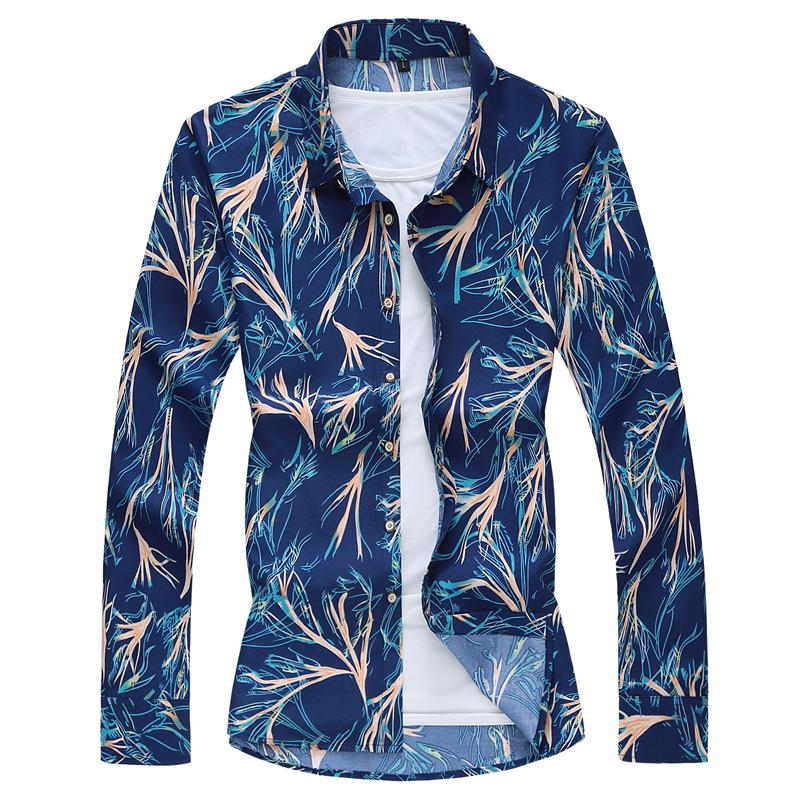 

Floral Print Men's Spring Autumn Fashion Long Sleeve Lapel Casual Shirt Trend Cotton Breathable Flower Blouse Shirt / Size M-7XL, Beige