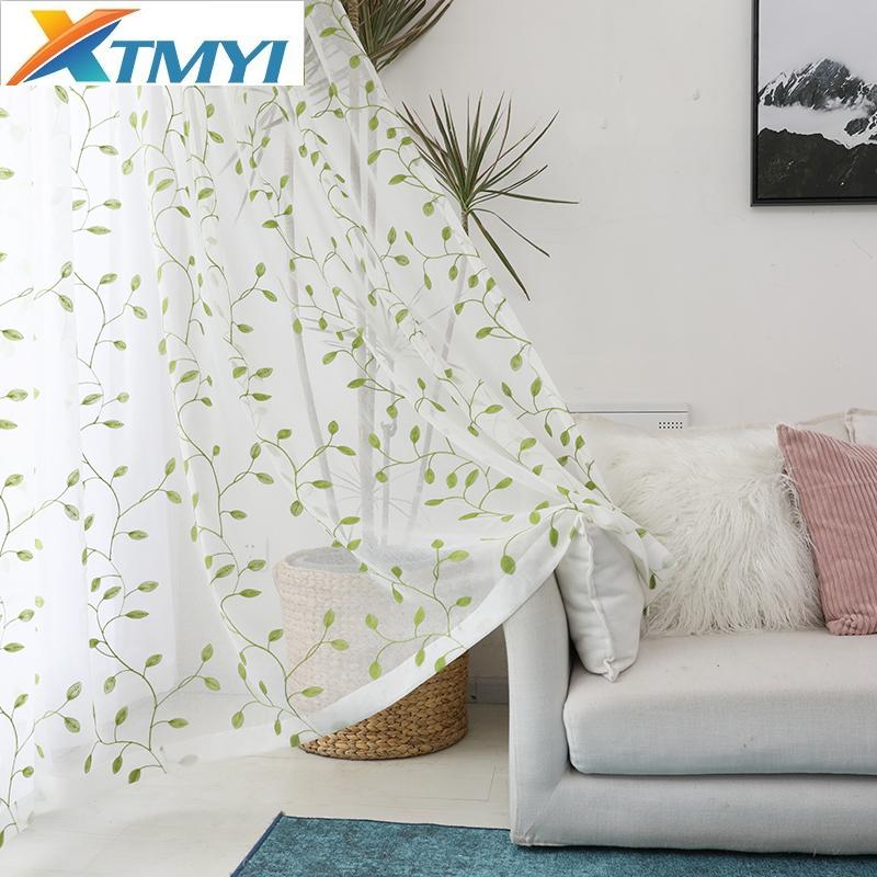 

Green Leaf Embroidered Tulle Window Curtains for Living Room Bedroom Sheer Curtains Kitchen Modern Home Decoration Voile Curtain, Lake blue