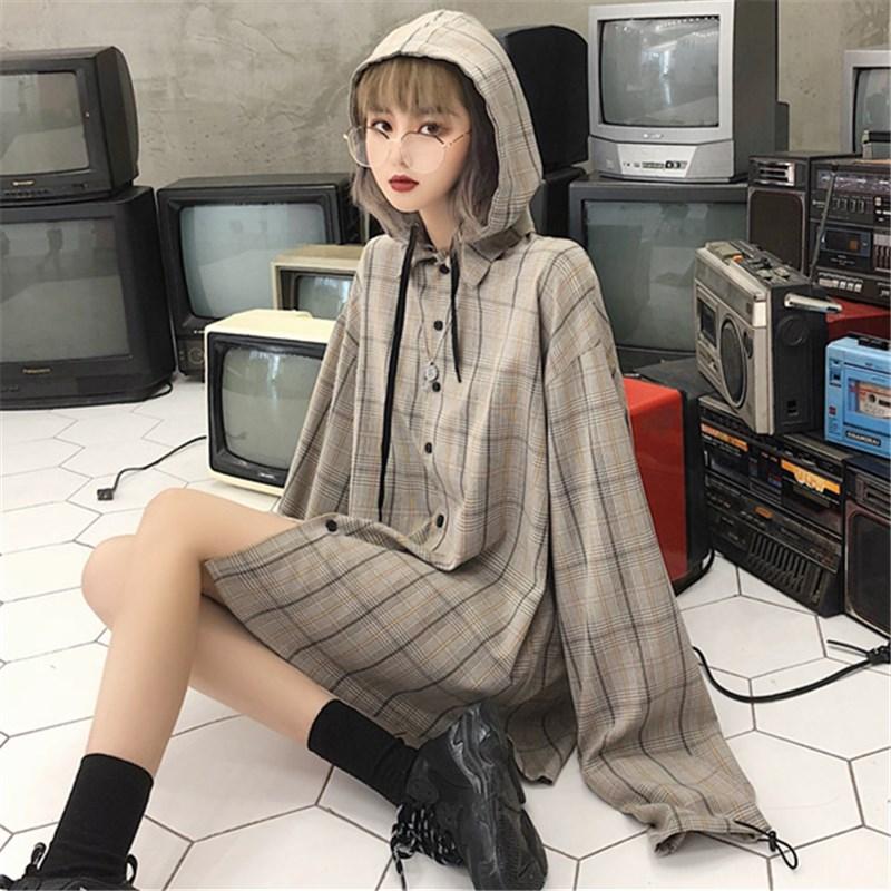 

Fashion Jacket Women Long Sleeve Harajuku Mori Windbreaker Coats Loose Outwear Streetwear Casual Retro Plaid coat Hooded Jackets, Khaki