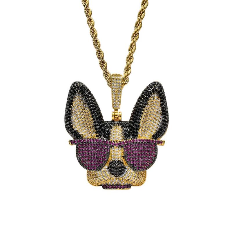 

Micro Pave Multicolor Cubic Zirconia Bling Iced Out Cool Glasses Pet Dog Pendants Necklace for Men Hip Hop Rapper Jewelry