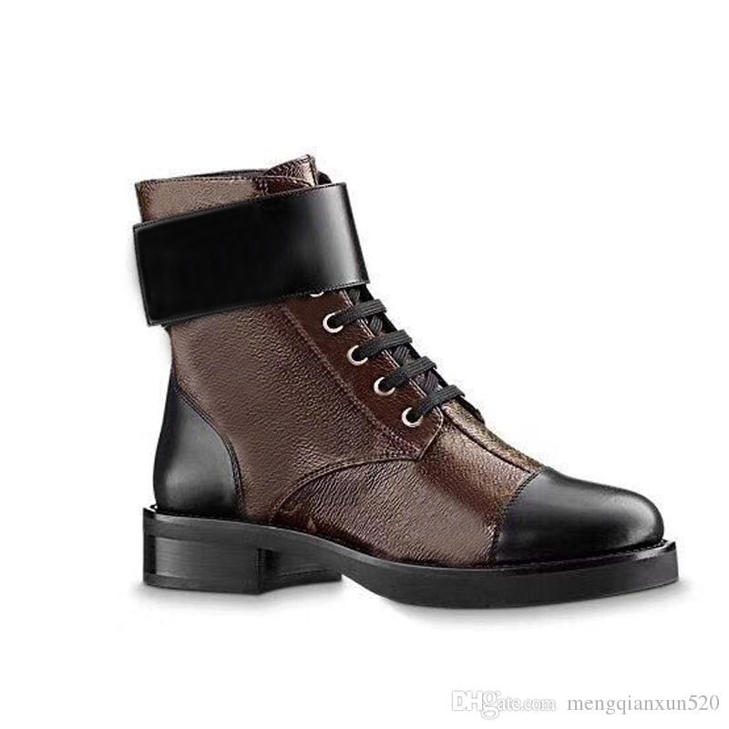 

Autumn winter Fashion boots Metal belt buckle Coarse heel Printed women shoes Desert Boot real leather zipper letter Lace up lady Flat shoe Large size 35-41-42 With box, Coffee color