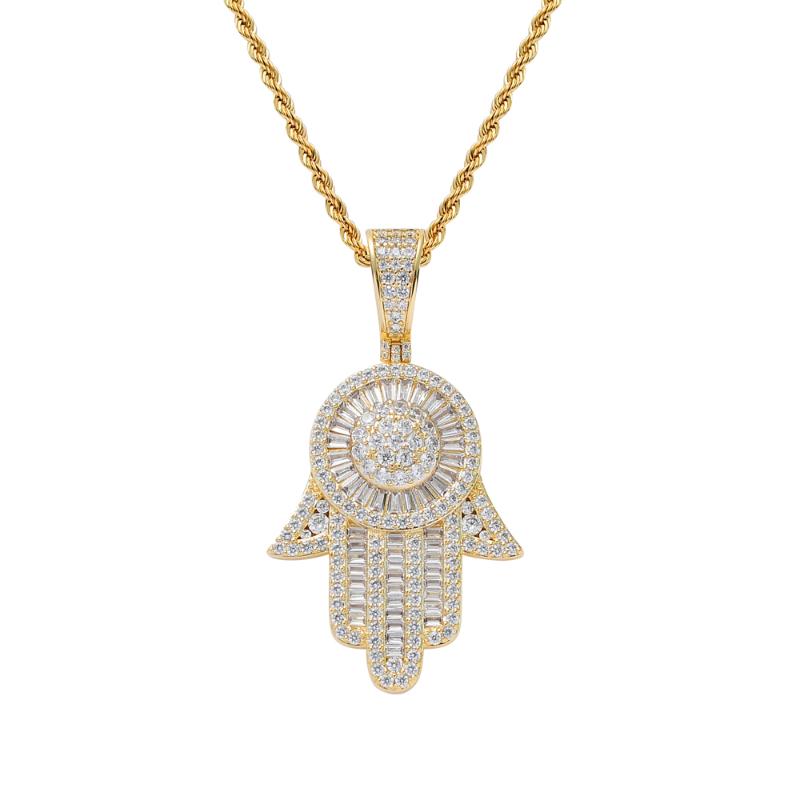 

Men's and women's high quality fashion brass set CZ Fatima hand pendant Ice cube zircon necklace Hip Hop gift jewelry