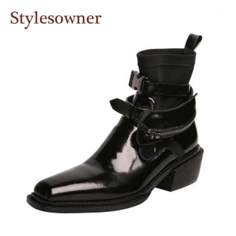 

Dark Style Short Boots Women 2021 New HandsomeThick Heel Slip-On Buckle Personality Square Head Motorcycle Stretch Boots1, Black